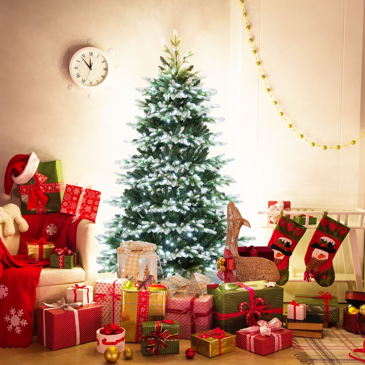 6 Ft Per-Lit Artificial Christmas Tree Hinged Xmas Tree W/ Quick Power Connector